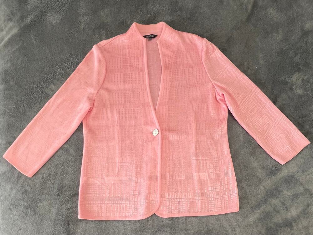 Misook Womens Size M Pink Textured Knit Cardigan Blazer Jacket Single Button